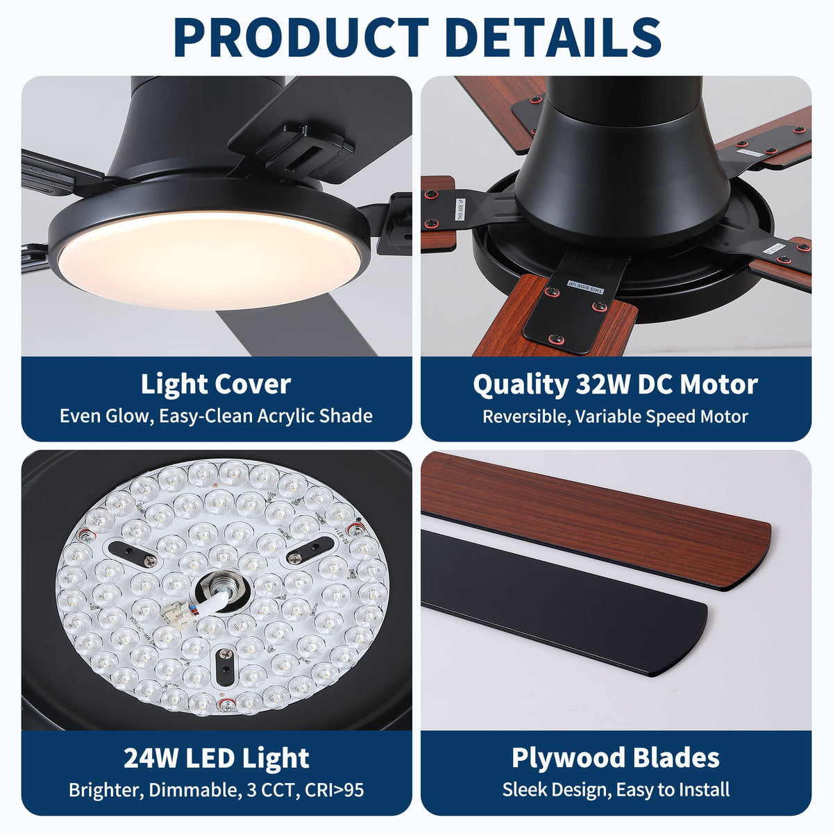 Flush Mount Ceiling Fan with LED Light and Remote Control - Black, White, Pearl Silver