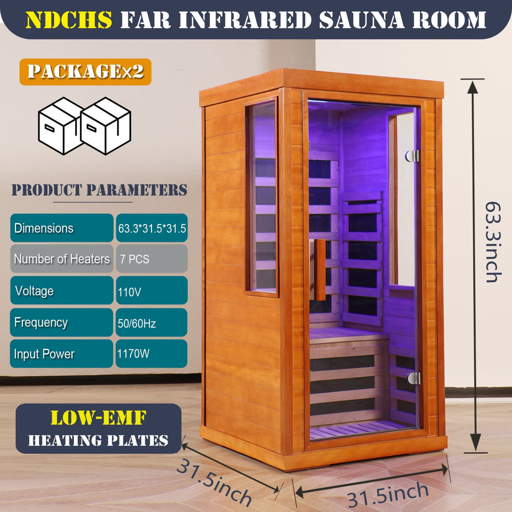1 Person Far Infrared Sauna Room with LCD Touch Control - Solid Wood