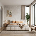 Elegant Chenille Upholstered Bed with Checkerboard Headboard - Beige