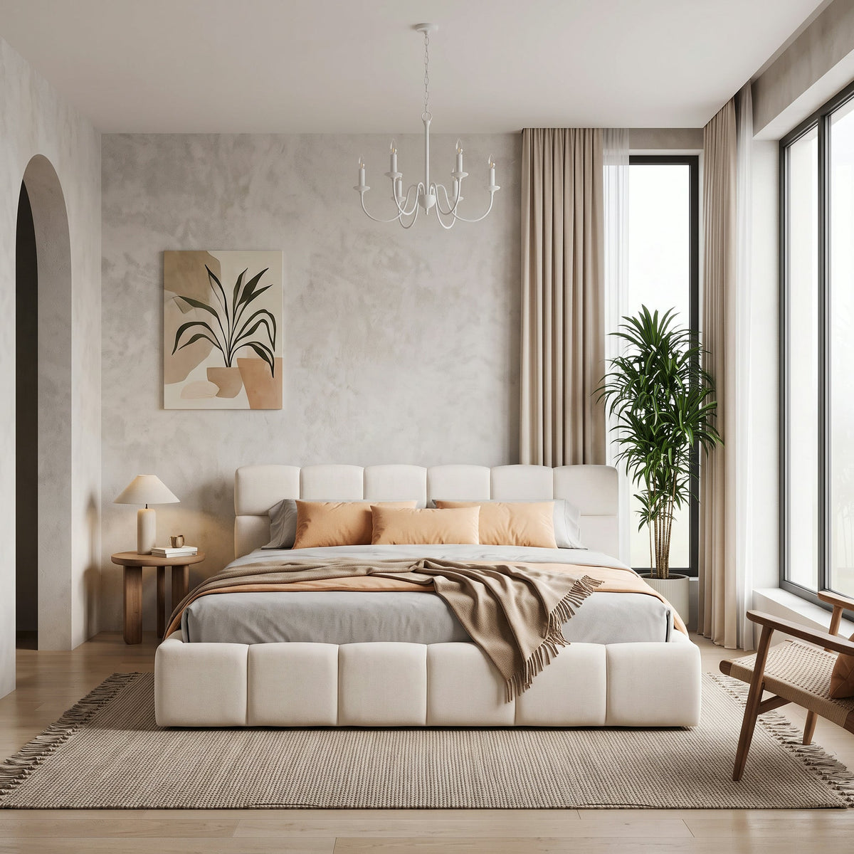 Elegant Chenille Upholstered Bed with Checkerboard Headboard - Beige