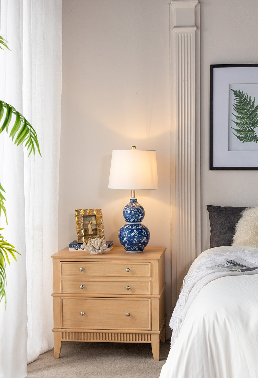 Blue and White Ceramic Vase Table Lamp with White Linen Shade - 25.7" High
