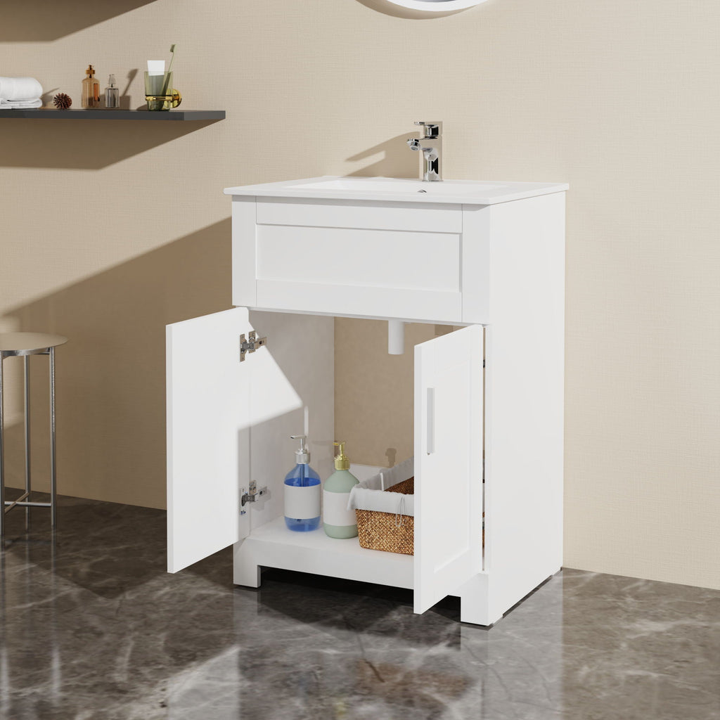 White Sink Bathroom Vanity Laundry Cabinet Combo with Ceramic Sink