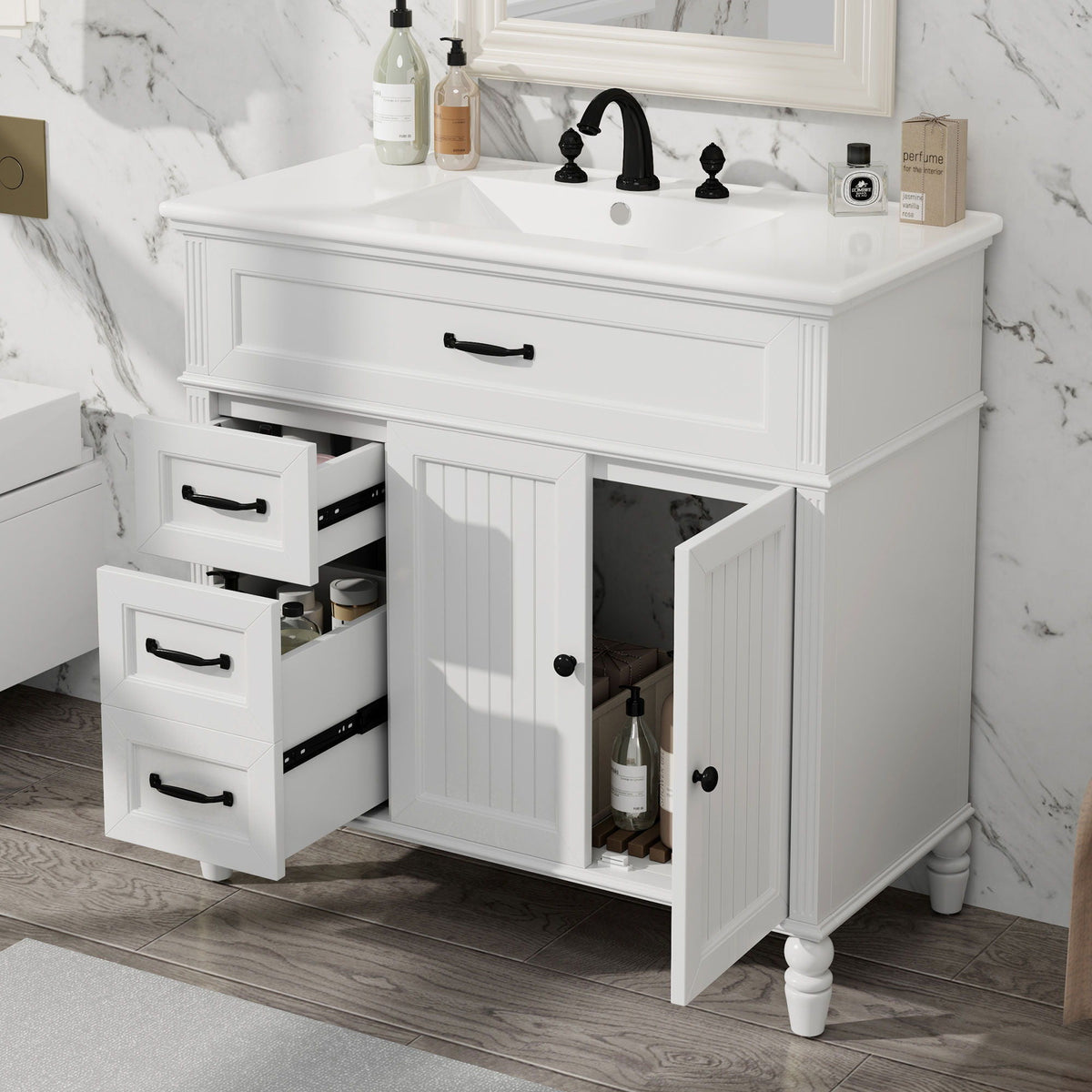 Bathroom Vanity With Sink and Drawers - Freestanding Solid Wood Cabinet