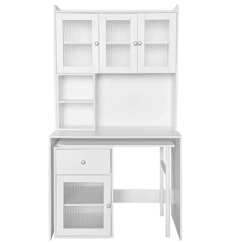 Computer Desk with Glass Door – Ample Storage and Workspace - Brown
