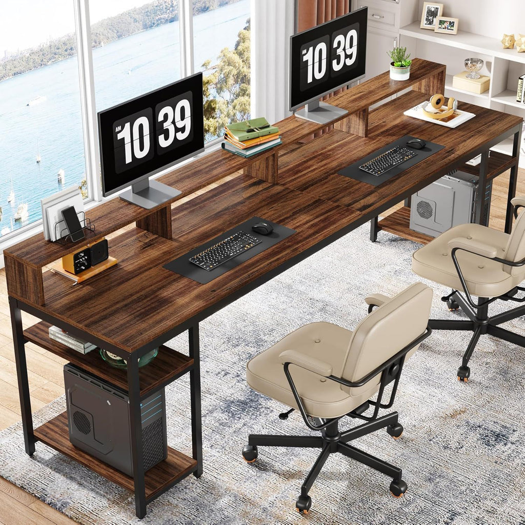 2 Person Desk with Monitor Stand and Dual Storage - Brown / Black