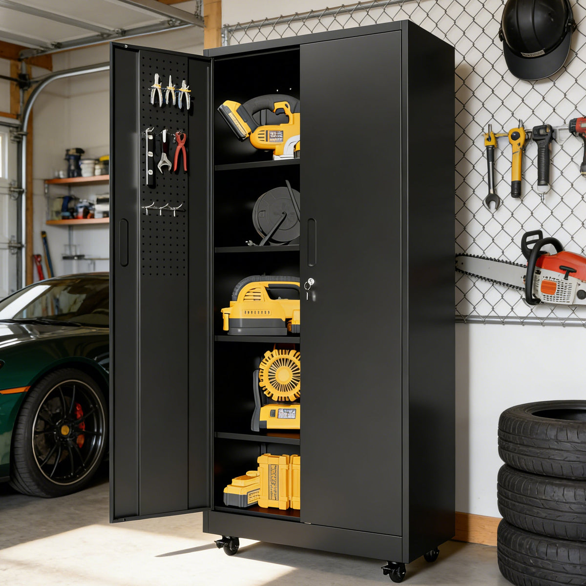 Rolling Metal Storage Locker Cabinet with Lockable Doors - Steel