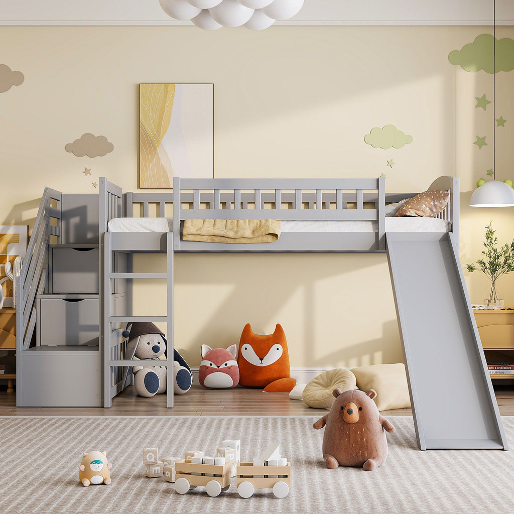 Loft Stairway Bed with Drawers and Convertible Ladder - Twin