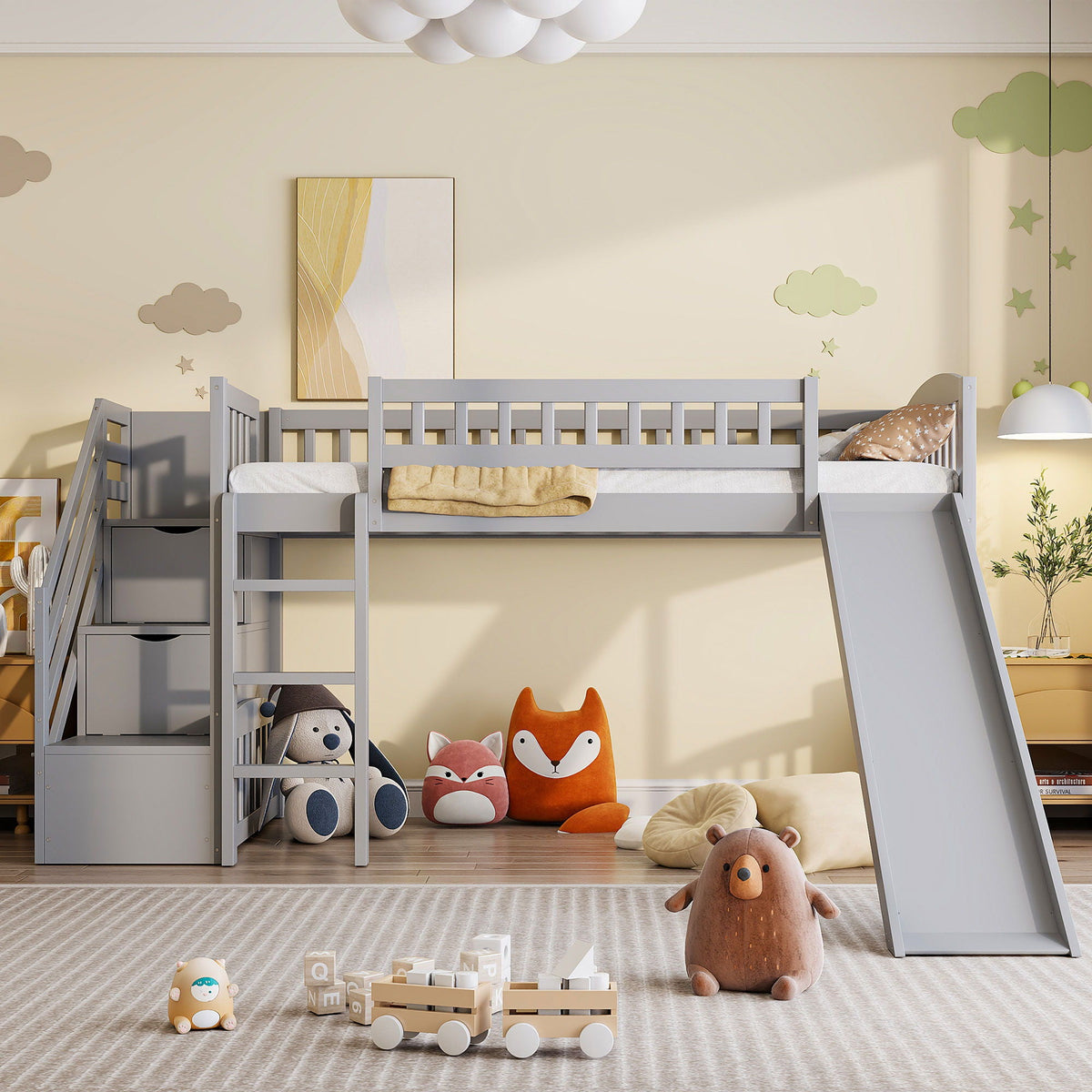 Loft Stairway Bed with Drawers and Convertible Ladder - Twin