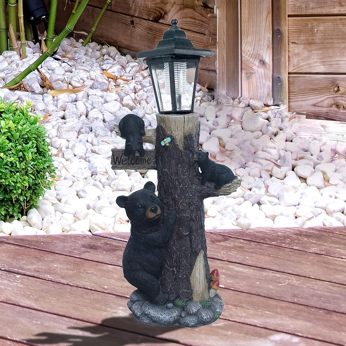 Black Bear Statue Welcome Sign with Solar Light - Black