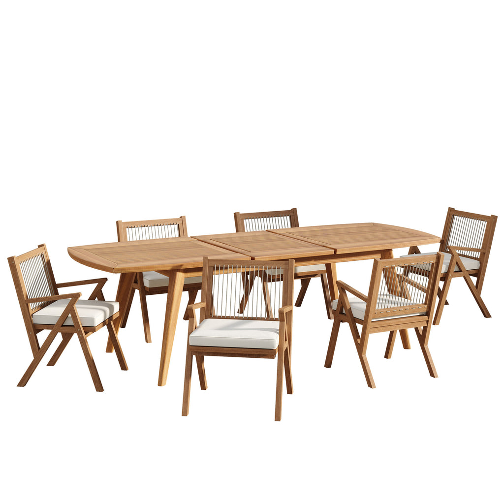 Expandable Acacia Wood Outdoor Dining Set with Rope Chairs - 7 Piece