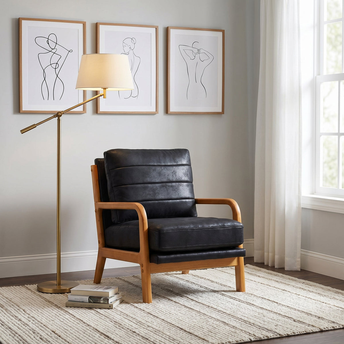 Foil Fabric Wood Armchair with Solid Wood Frame - Neutral