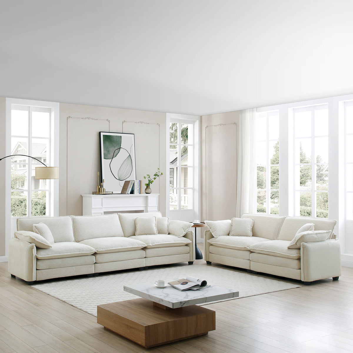 Deep Seat Sofa Set with Plush Corduroy Cushions – Beige