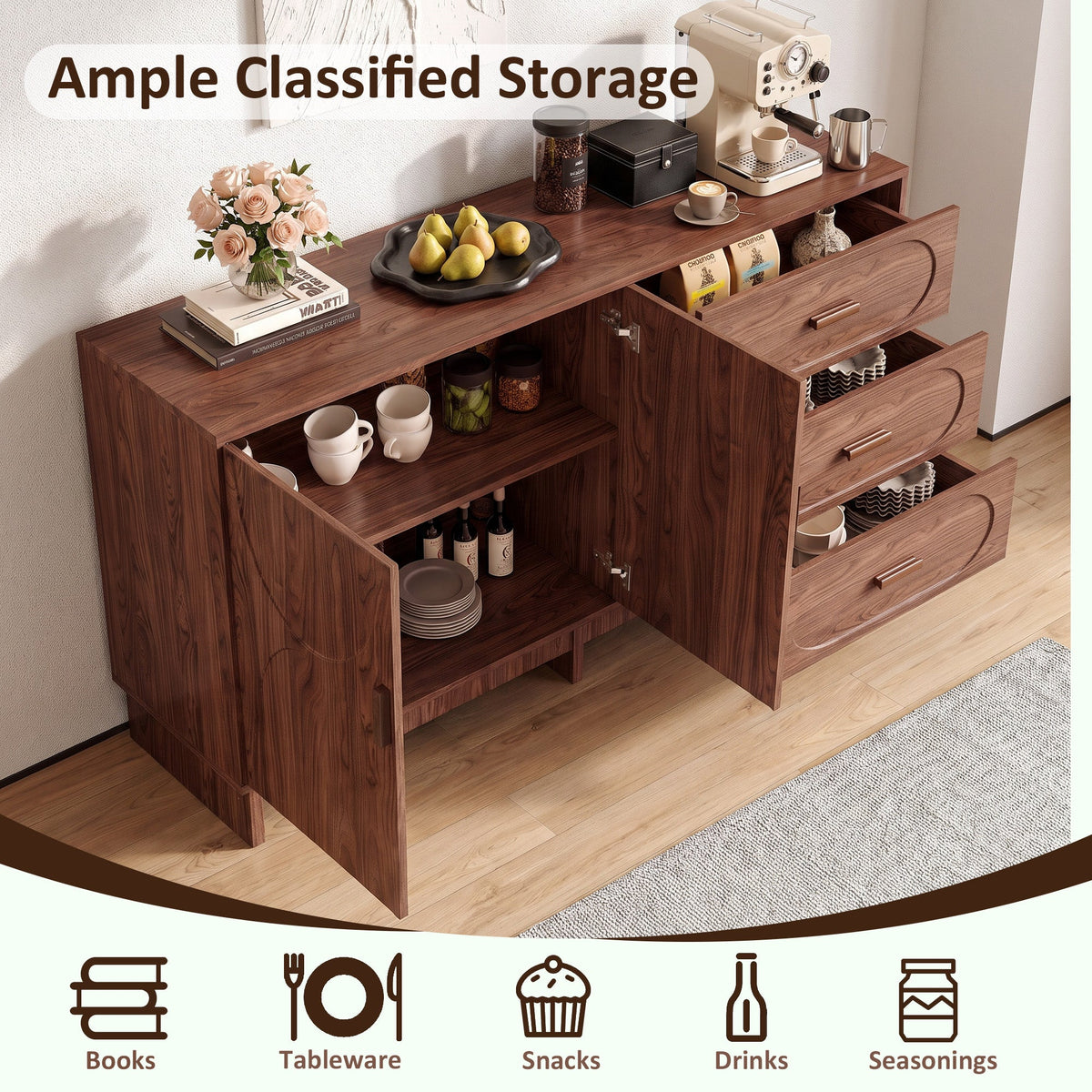 59.1" Buffet Sideboard with Adjustable Shelf and 3 Drawers - Walnut