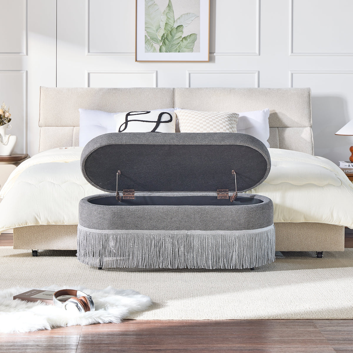Oval Upholstered Storage Ottoman with Fringe Trim - Multi-Functional Ottoman