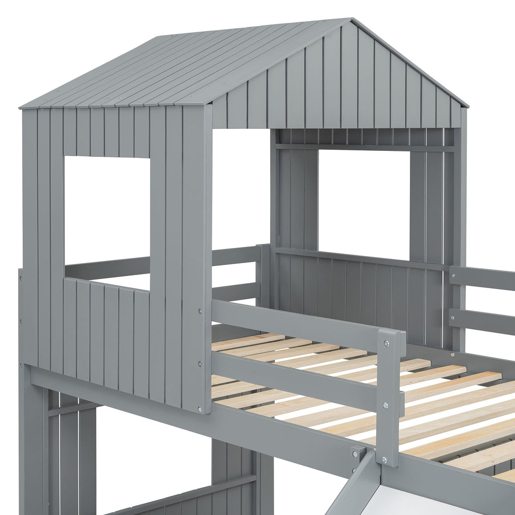 Loft Bunk Bed With Playhouse, Slide, and Guardrails - Twin Over Full