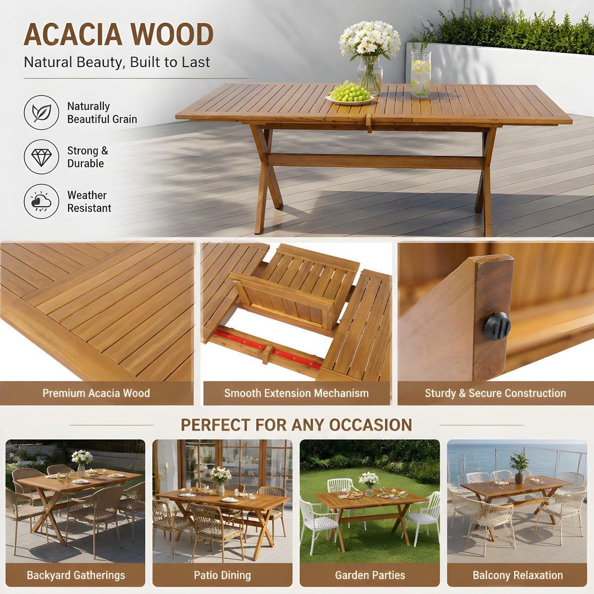 Acacia Wood Telescopic Outdoor Dining Table with Adjustable Length - Teak Finish