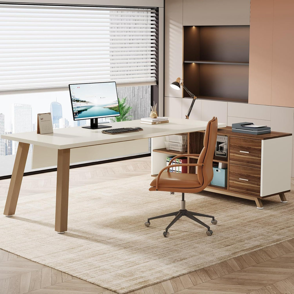 L-Shaped Executive Desk with File Cabinet and Drawers - White/Walnut