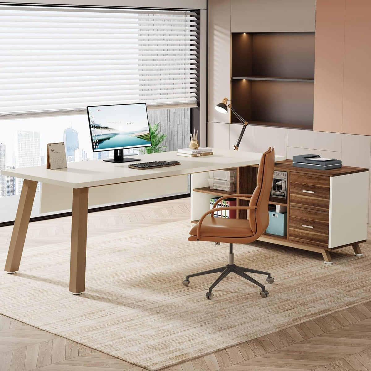 L-Shaped Executive Desk with File Cabinet and Drawers - White/Walnut
