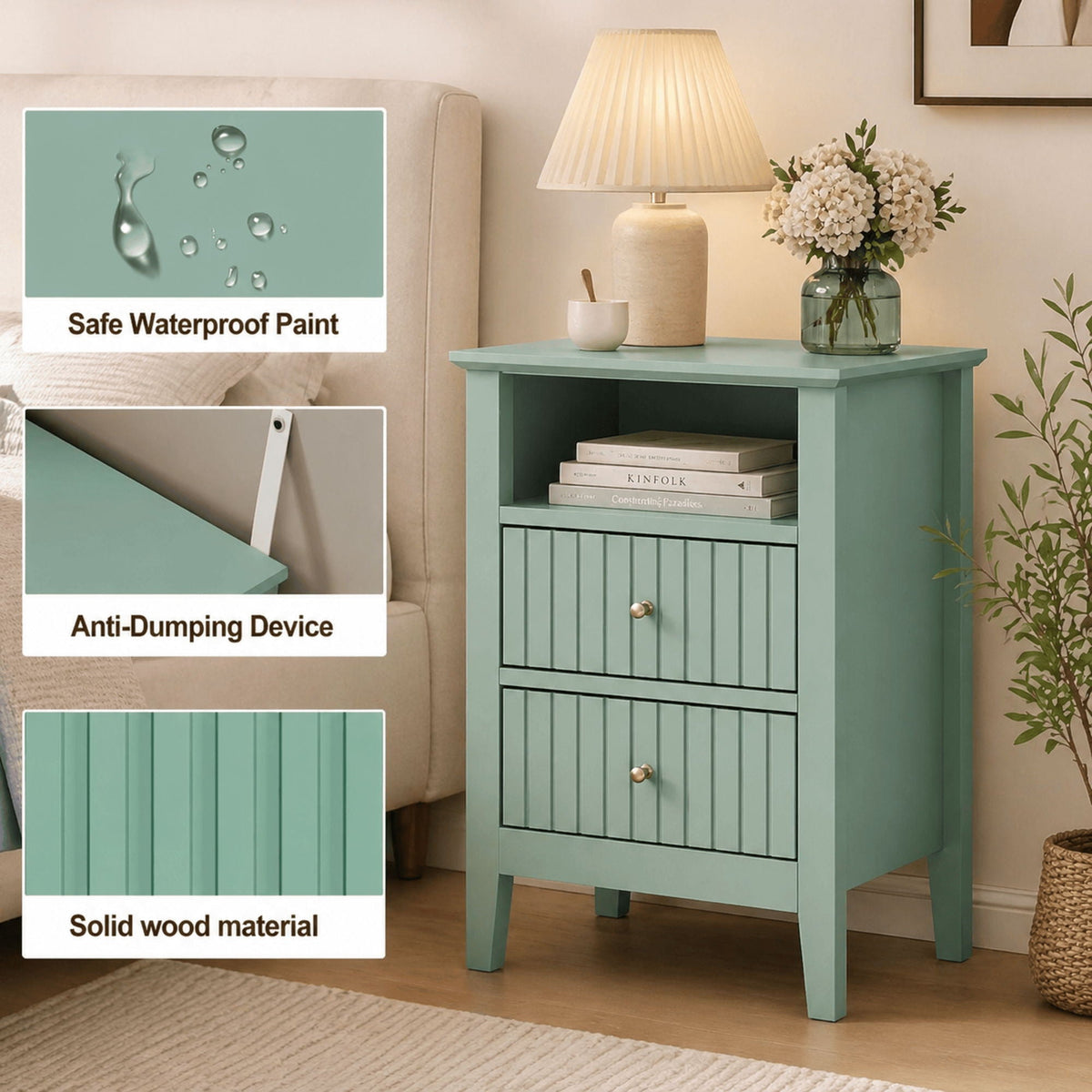 Fluted Nightstand with 2 Drawers and Soft-Close Slides - Multiple Colors