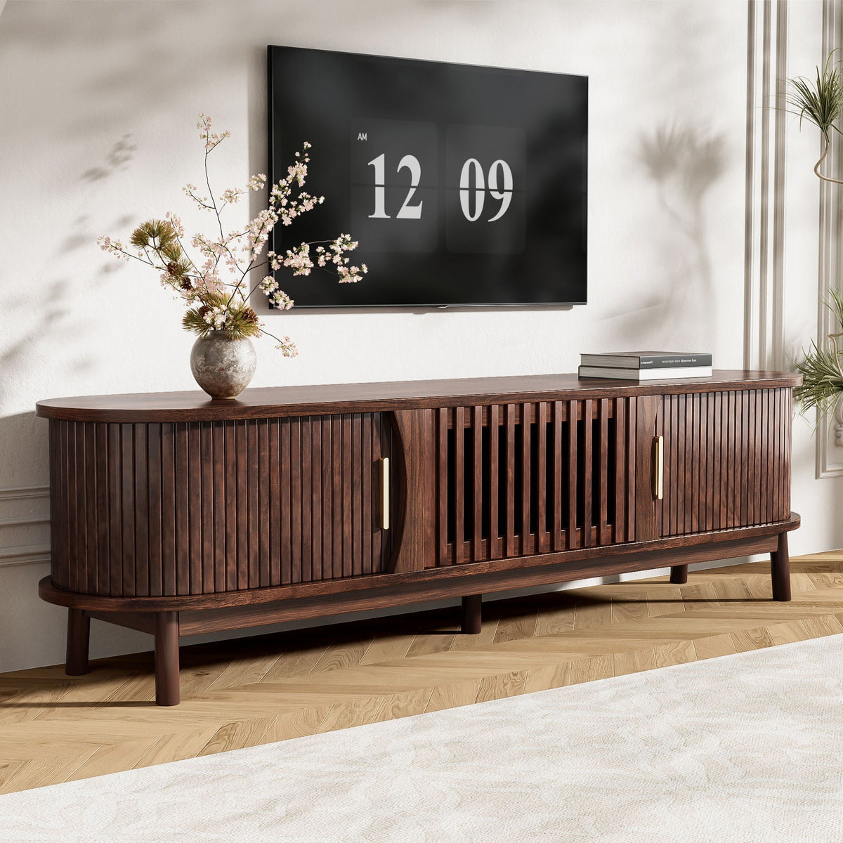 TV Stand Entertainment Center with Storage and Sliding Doors - Dark Brown