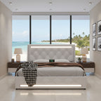 Wingback Upholstered Bed Frame with LED Lights and Charging Station - Black or White