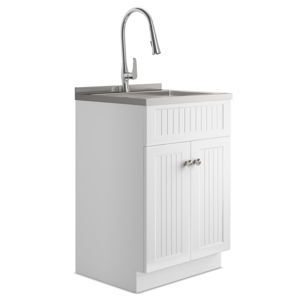 White Laundry Cabinet with Stainless Steel Sink and Faucet