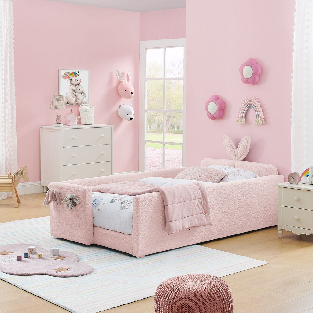 Cute Rabbit Ear Upholstered Platform Bed Frame with Safety Rail - Multiple Colors