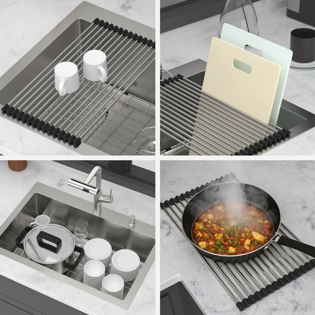 Brushed Nickel Drop-In Kitchen Sink with Pull-Out Faucet and Soap Dispenser - Gray