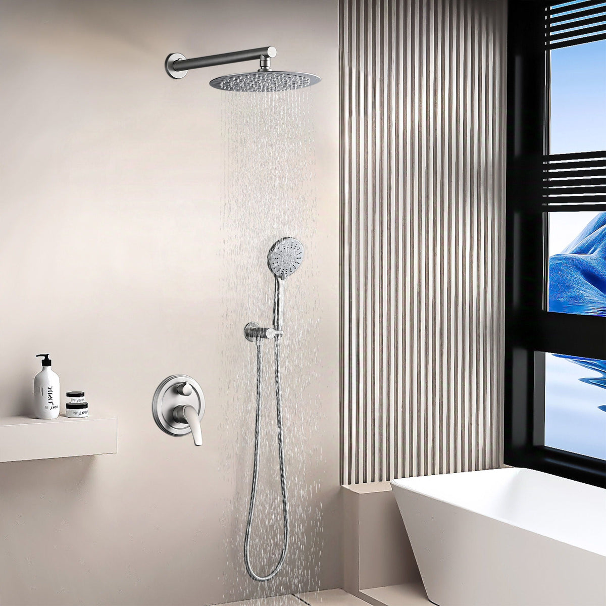 Wall Mounted Shower Set with High Pressure 10" Rain Head & 5-Function Handheld - Gold or Pearl Silver