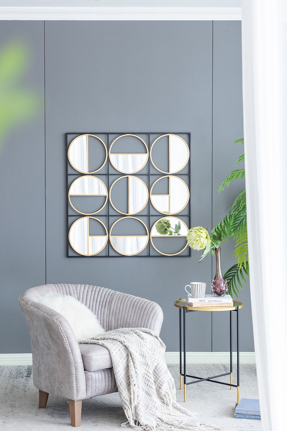 Metal Beaded Accent Mirror with Eclectic Contemporary Design - Gray