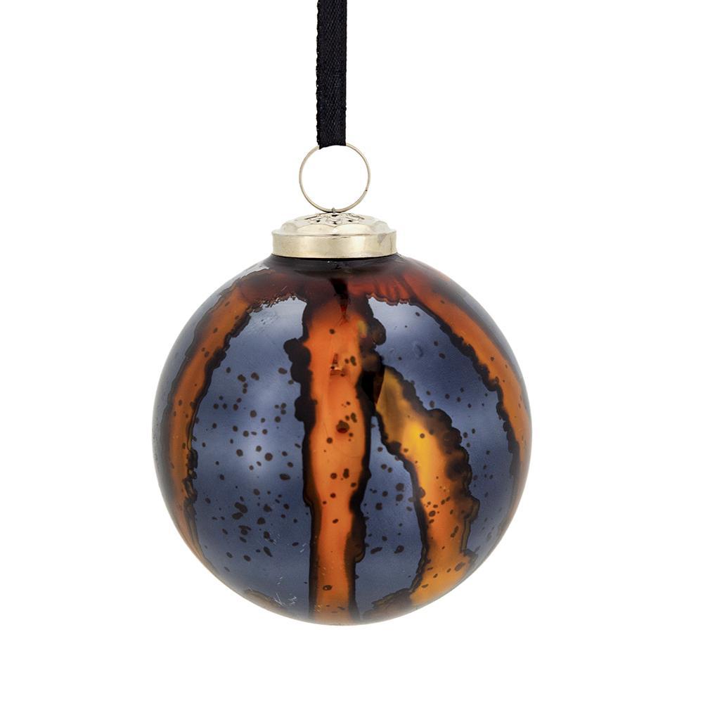 Blue Glass Christmas Ball Ornaments Set of 6 with Brass Accents