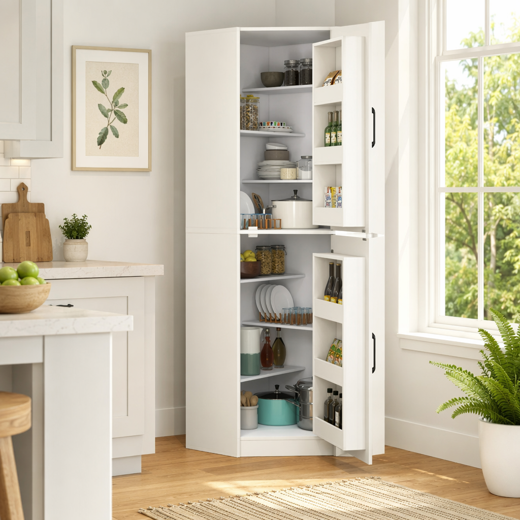 White Corner Kitchen Pantry Cabinet with Vertical Storage - White