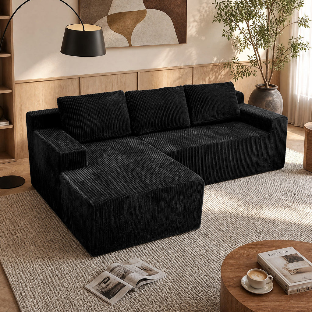 Corduroy Modular L Shaped Sectional Sofa with Plush Upholstery - Beige