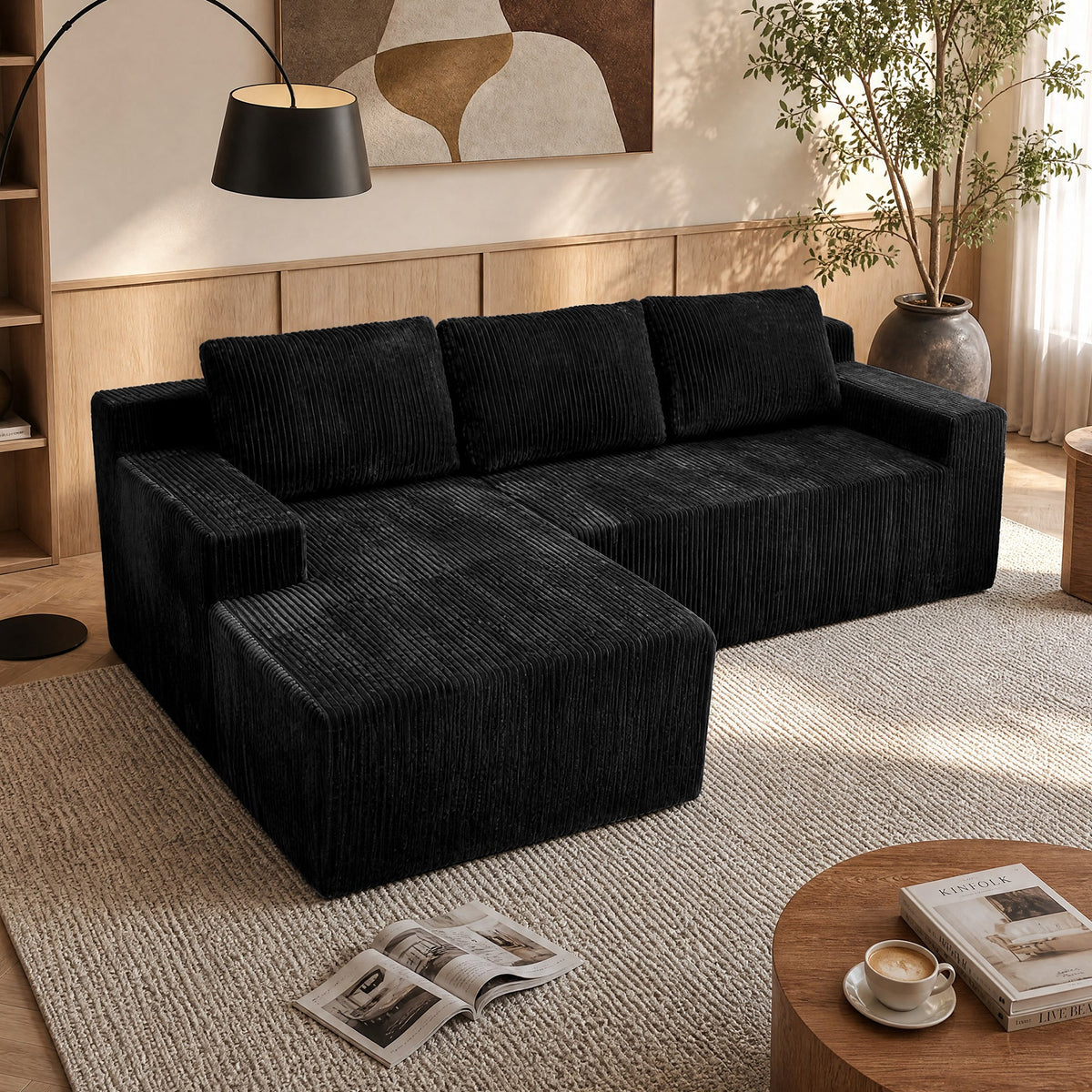 Corduroy Modular L Shaped Sectional Sofa with Plush Upholstery - Beige