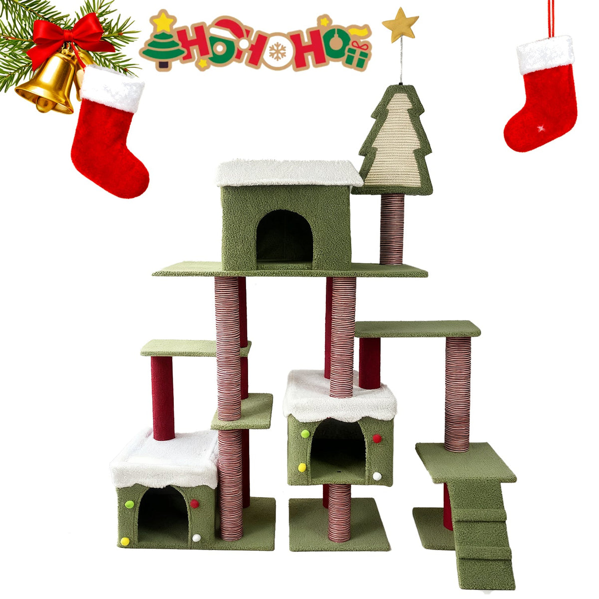 Wide Christmas Cat Tree Tower for Indoor Cats with Multi-Level Design