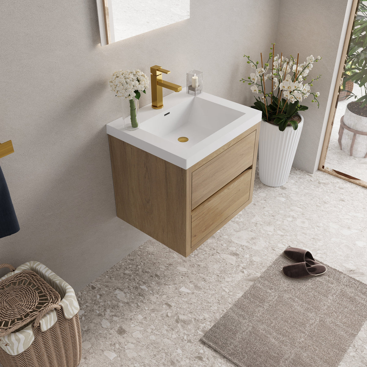 24" Wall-Mounted Bathroom Vanity with Stone Resin Sink - Light Wood