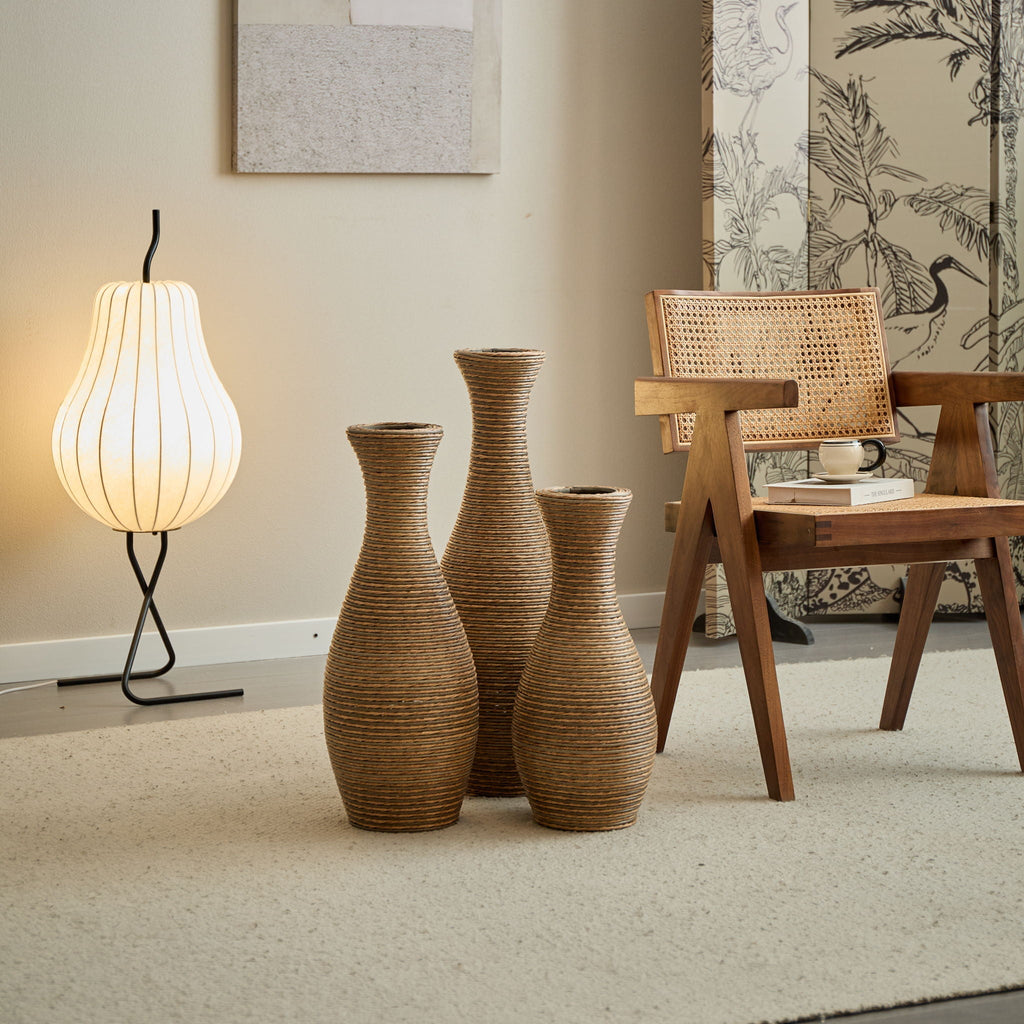 3 Piece Artificial Rattan Floor Vase Set with Modern Artistic Style - Beige