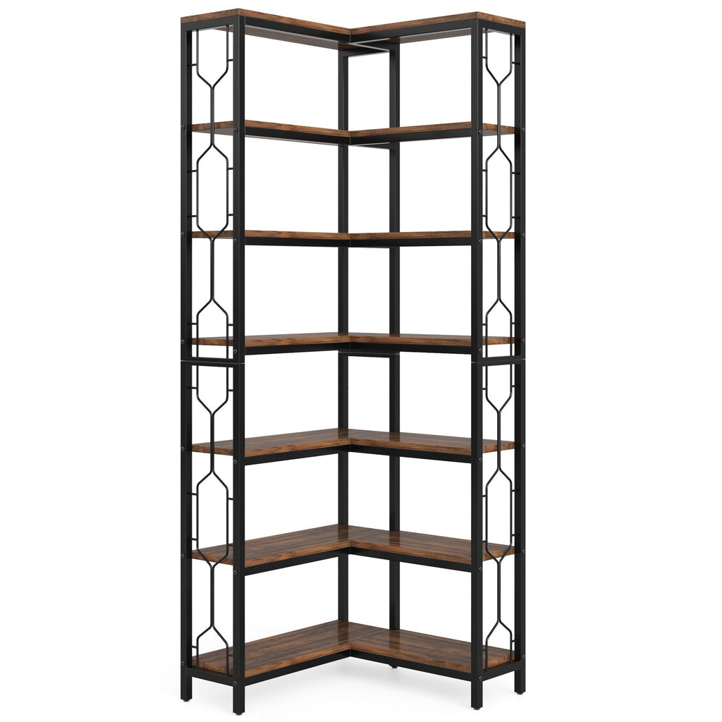 7 Tier Corner Bookshelf with Hexagonal Design - Dark Brown, White, Dark Gray