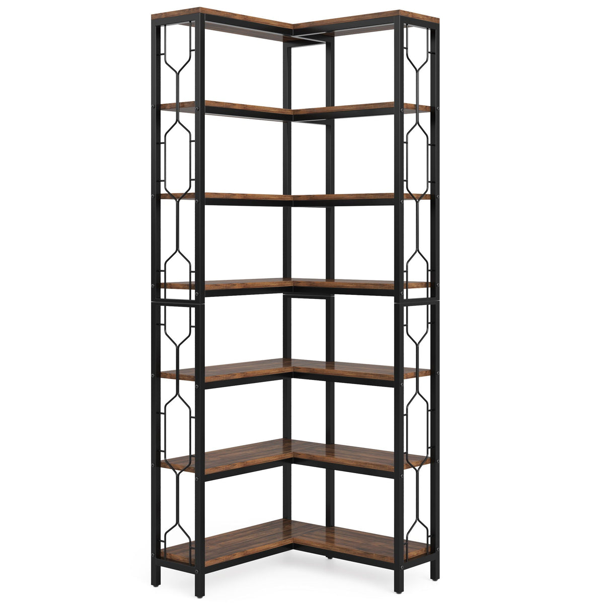 7 Tier Corner Bookshelf with Hexagonal Design - Dark Brown, White, Dark Gray