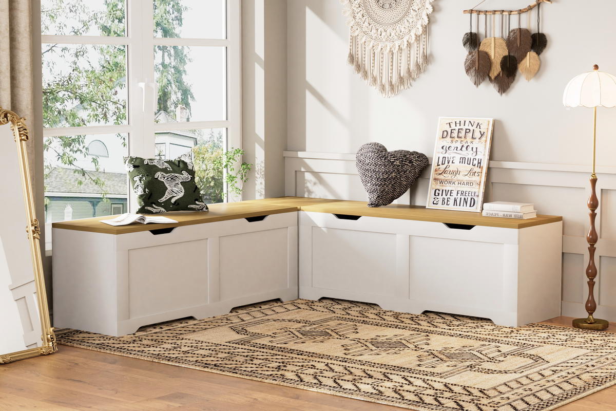 3-Piece L-Shaped Multi-Functional Storage Bench with Cushion - White/Natural