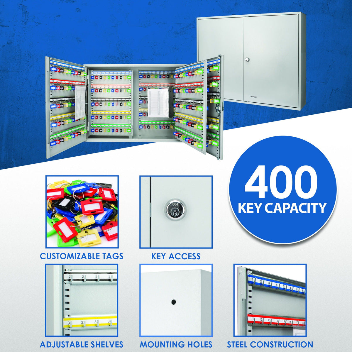 Adjustable Key Cabinet with Lock - Multiple Sizes, Gray or Black