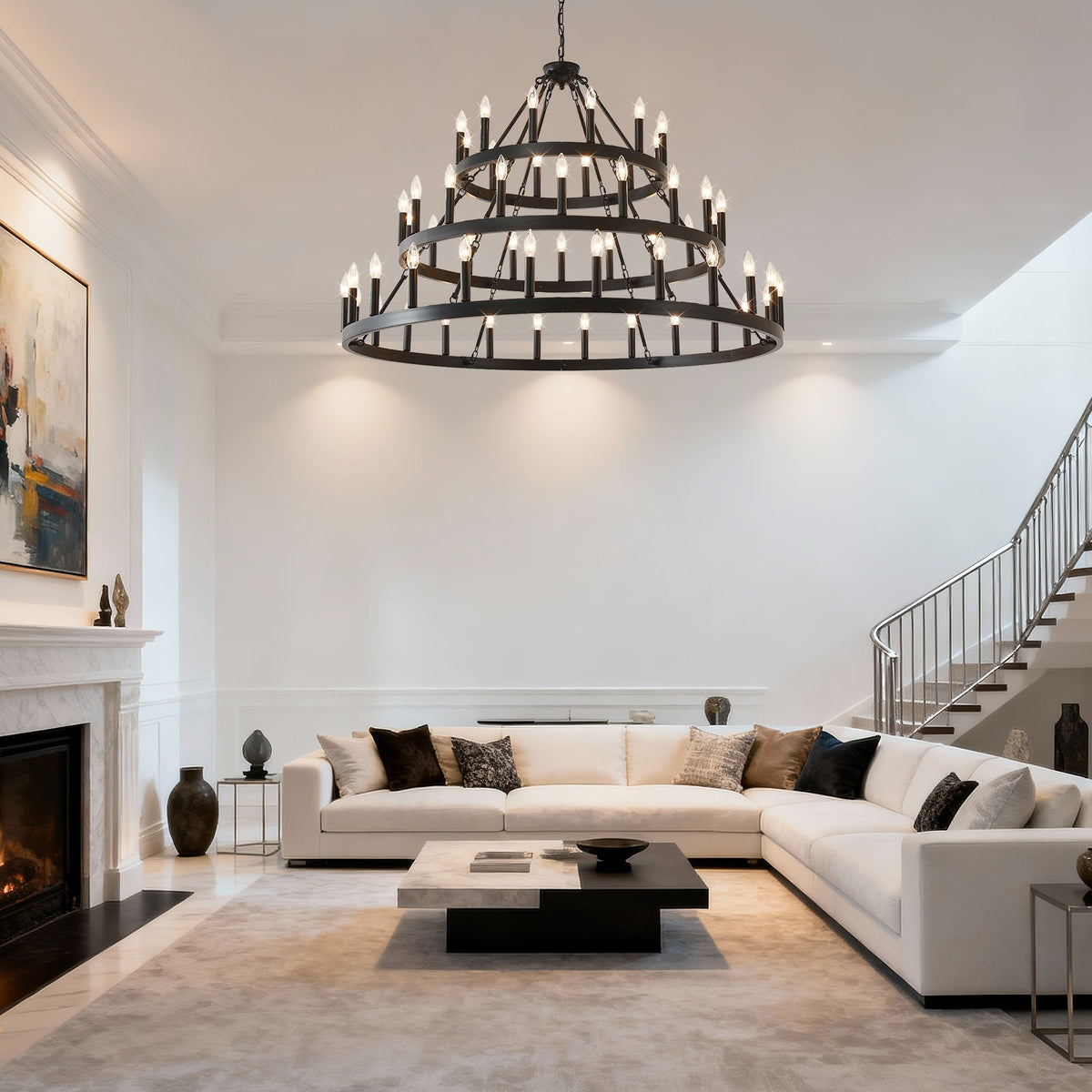 3 Tiers Wagon Wheel Chandelier with 54 Lights - Matte Black