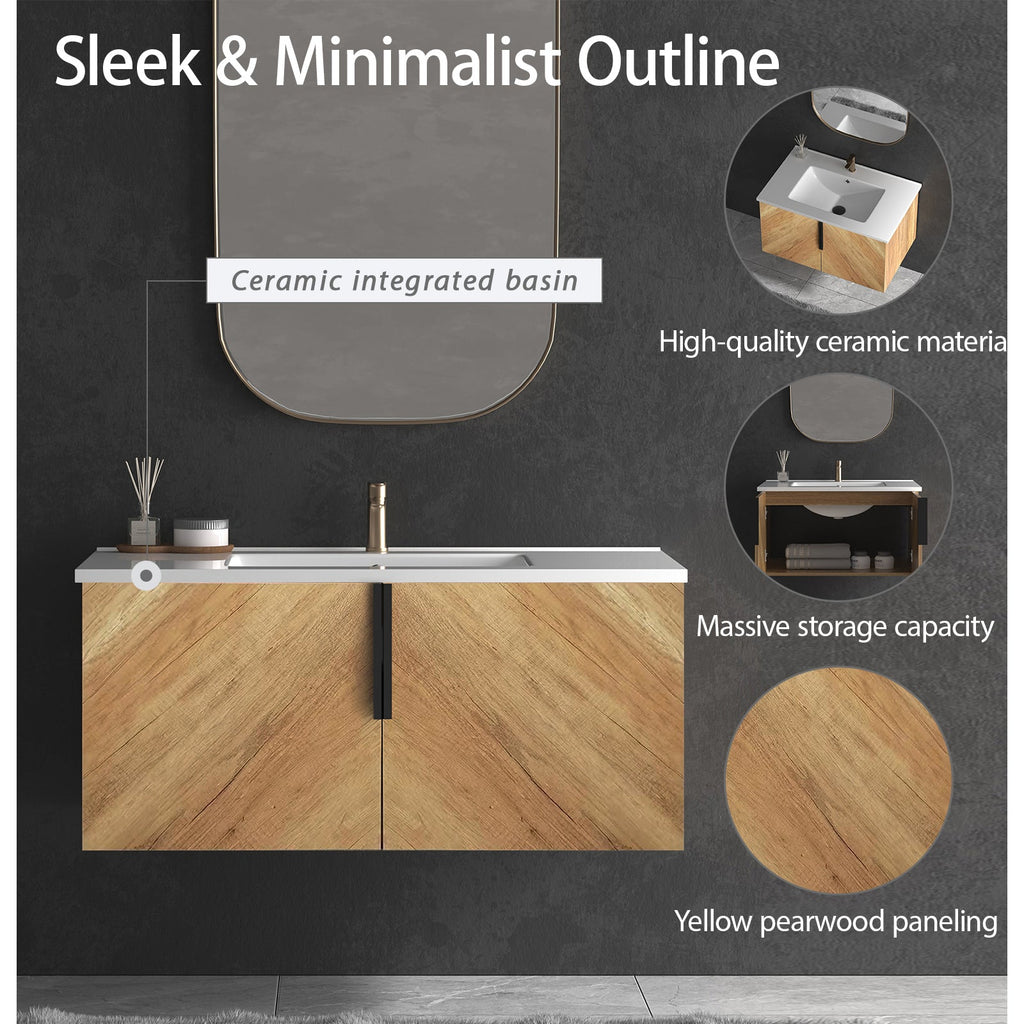 36 Inch Wall-Mounted Bathroom Vanity with 3D Fluted Panel & Ceramic Sink - Golden Oak