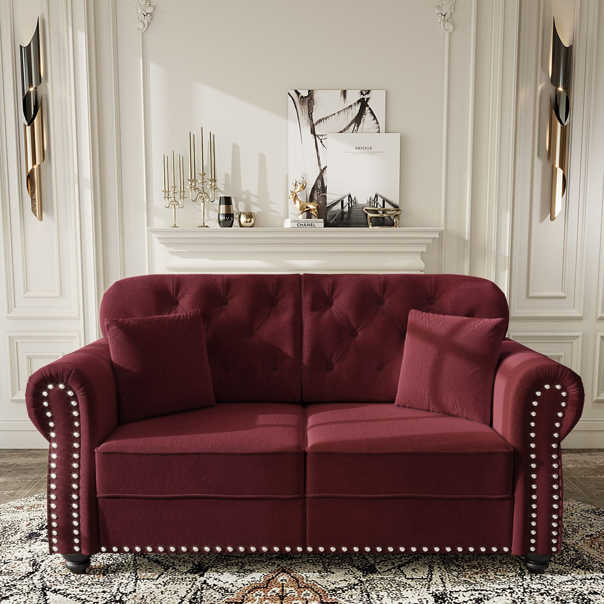 Upholstered Chesterfield Sofa with Nailhead Trim and Rolled Armrests - Fabric