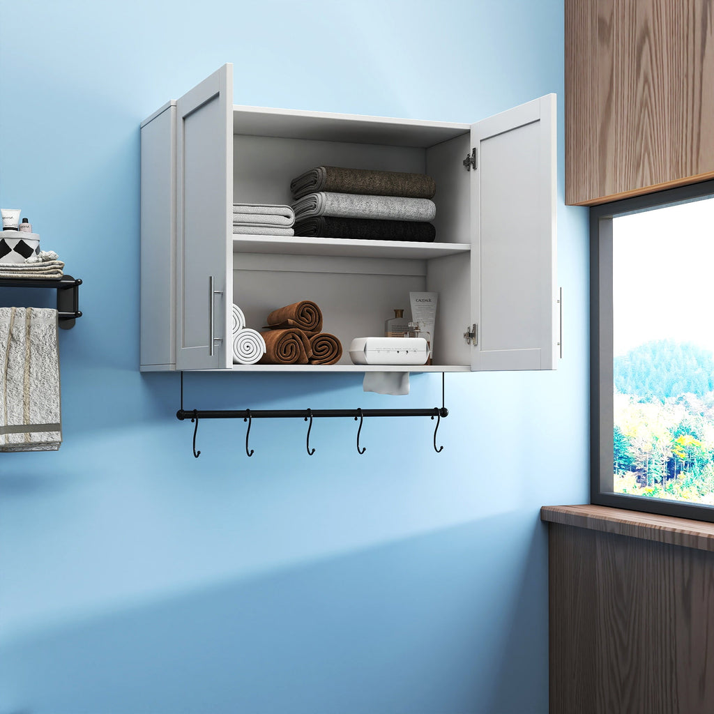 Bathroom Wall Cabinet with Adjustable Shelf and Towel Bar - White