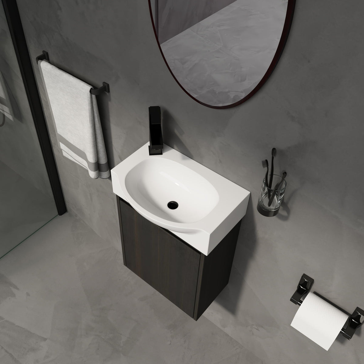 Modern Bathroom Vanity with Ceramic Basin and Storage Cabinet - Light Brown, Black, or White