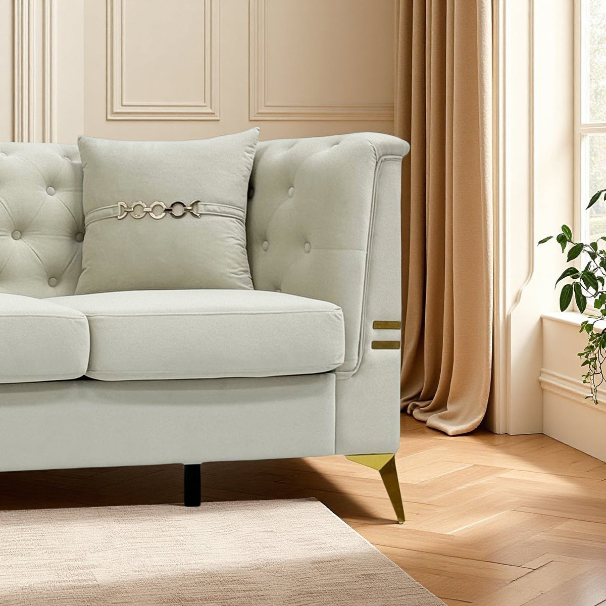 Modern Velvet Upholstered Sofa Set with Tufted Backrest - Cream White