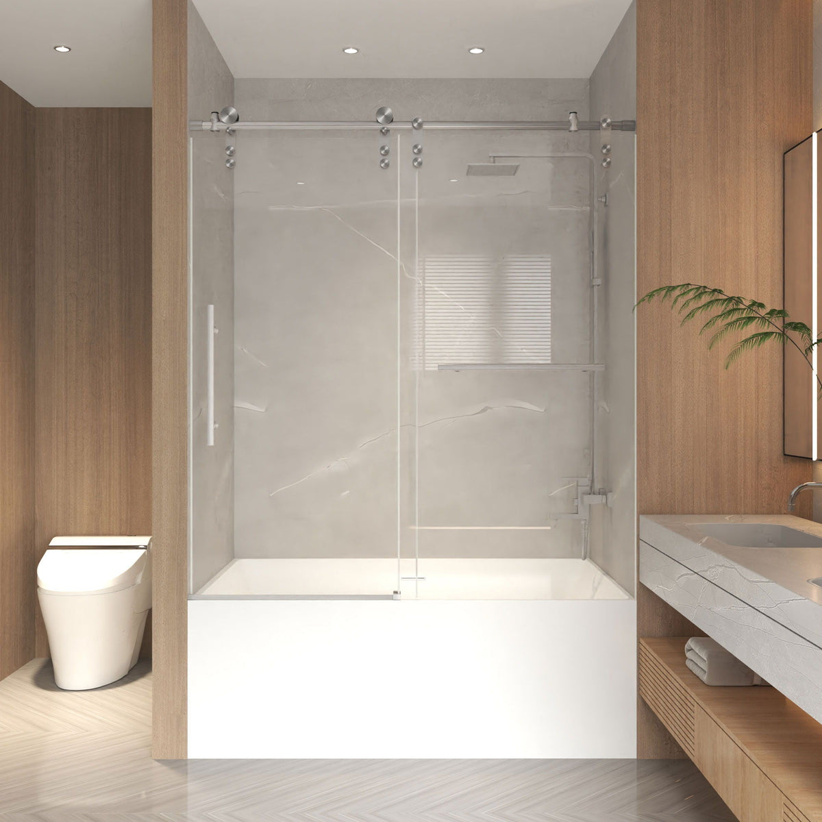 Frameless Sliding Bathtub Door with Tempered Glass - Black or Gray