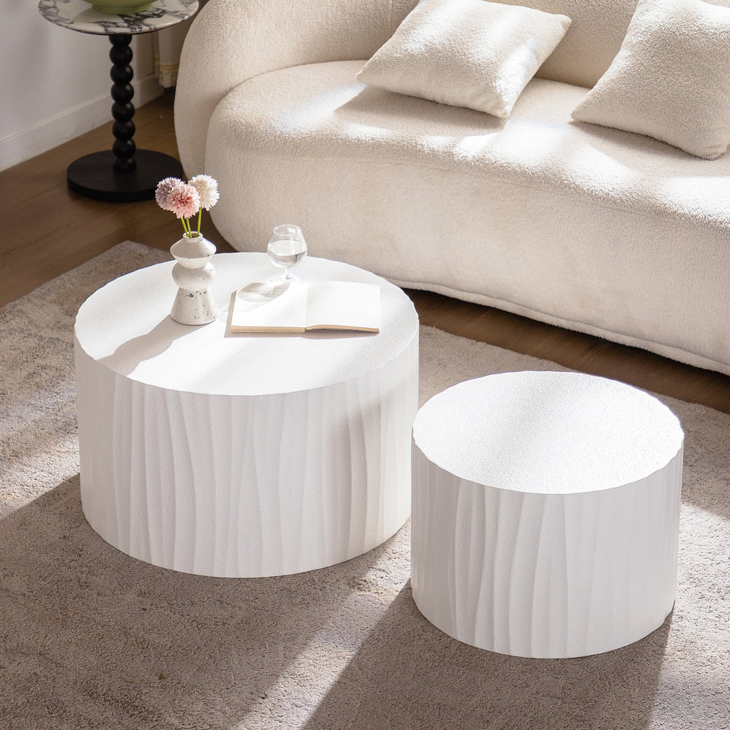 Nesting Coffee Table Set of 2 Round Wooden Tables with Handcrafted Relief - Wood Finish