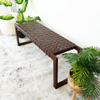 Cognac Brown Upholstered Bench with Genuine Leather Seat - Mid-Century Modern